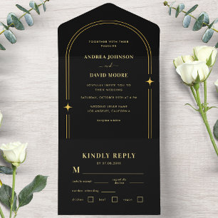 Gold en Black Boho Sparkle Bohemian Arch Wedding All In One Uitnodiging