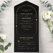 Gold en Black Boho Sparkle Bohemian Arch Wedding All In One Uitnodiging