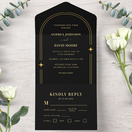 Gold en Black Boho Sparkle Bohemian Arch Wedding All In One Uitnodiging