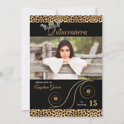 Gold en Black Cheetah Print Quinceanera Party Kaart (Voorkant)