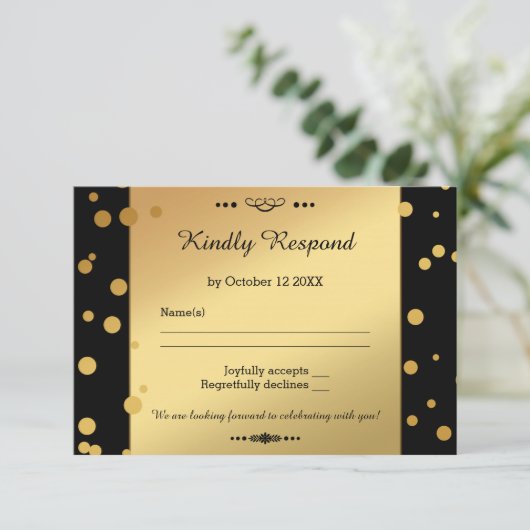 Gold en Black Confetti Wedding RSVP-Kaart RSVP Kaartje (Staand voorkant)