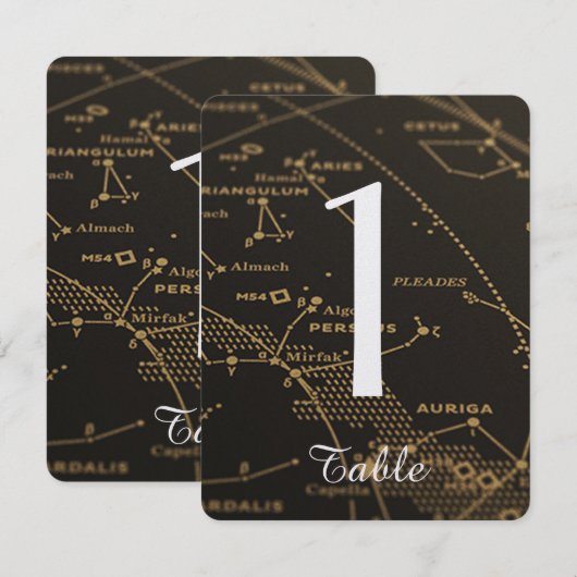 Gold en Black Constellation Wedding Table Number Kaart (Voorkant / Achterkant)
