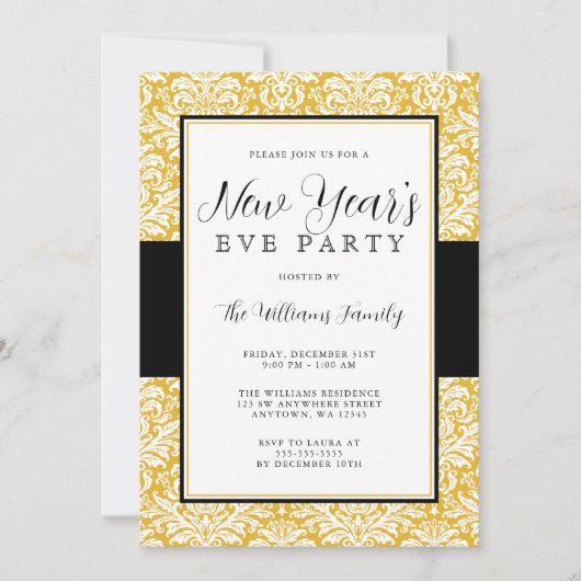 Gold en Black Damask New Years Eve Party Kaart (Voorkant)