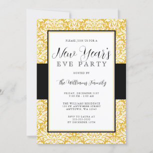 Gold en Black Damask New Years Eve Party Kaart
