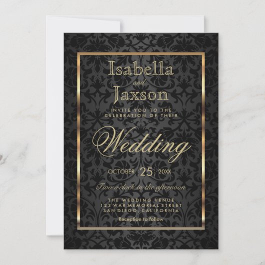 Gold- en Black Damask-uitnodiging Kaart (Voorkant)