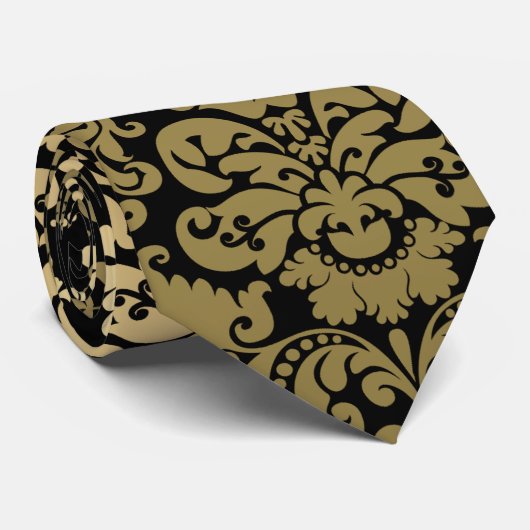 Gold en Black Elegant Damask Pattern Stropdas (Opgerold)