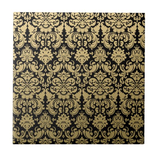 Gold en Black Elegant Damask Pattern Tegeltje (Voorkant)