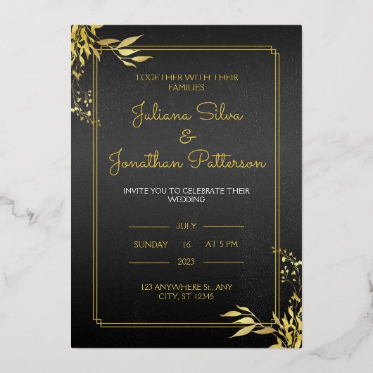 Gold en Black Elegant Wedding Invitation Portret Folie Uitnodiging (Voorkant)