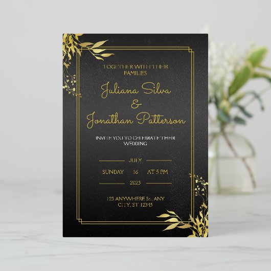 Gold en Black Elegant Wedding Invitation Portret Folie Uitnodiging (Staand Voorkant)