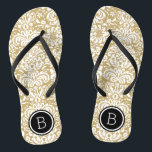 Gold- en Black Floral Damask-monogram Teenslippers<br><div class="desc">Aangepast gedrukte flip flop sandalen met een stijlvol elegant floral damask patroon en uw aangepaste monogram of andere tekst in een cirkelvormig lijst. Klik aanpassen het om tekstdoopvonten en kleuren te veranderen of uw eigen afbeeldingen toe te voegen om unieke één van een soortontwerp te creëer!</div>