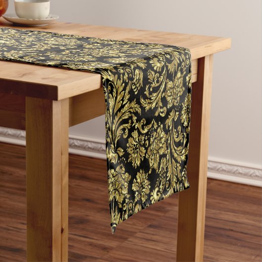 Gold en Black Floral Damask Pattern Korte Tafelloper (Voorbeeld)