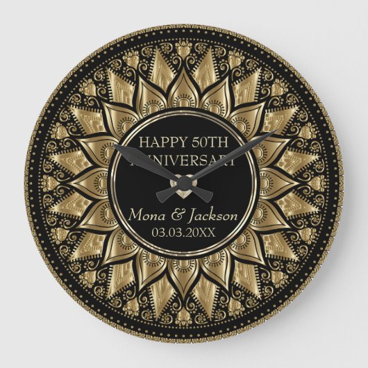 Gold en Black Floral Mandala Grote Klok (Voorkant)