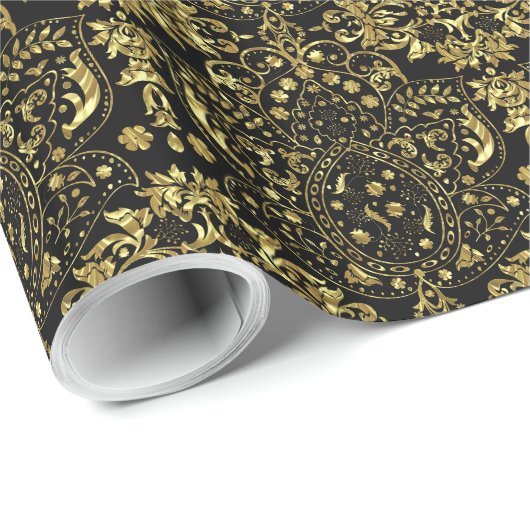 Gold en Black Floral Pattern 2a Cadeaupapier (Rol Hoek)