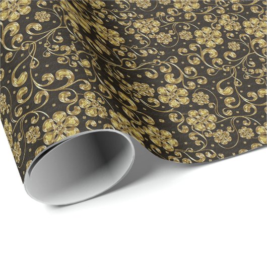 Gold en Black Floral Pattern Cadeaupapier (Rol Hoek)