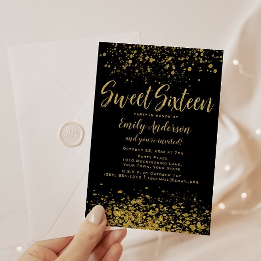 Gold en Black Glitter Sweet 16 Kaart
