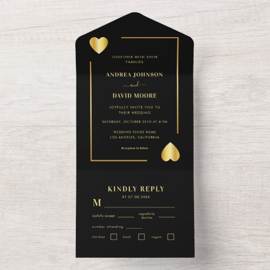 Gold en Black Heart Lijst Vegas Poker Wedding All In One Uitnodiging (Binnen)