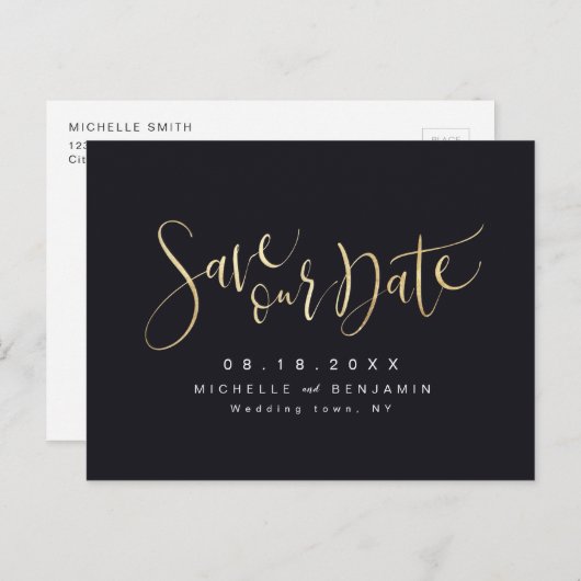 Gold en Black Modern Simple Script Save the Date Aankondigingskaart (Voorkant / Achterkant)