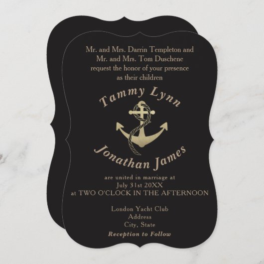 Gold en Black Nautical Wedding Invitations Kaart (Voorkant / Achterkant)
