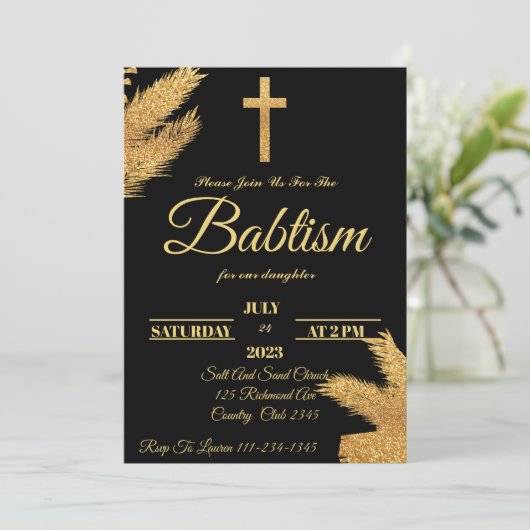 Gold en Black Pampas grass Baptisme Kaart (Staand voorkant)