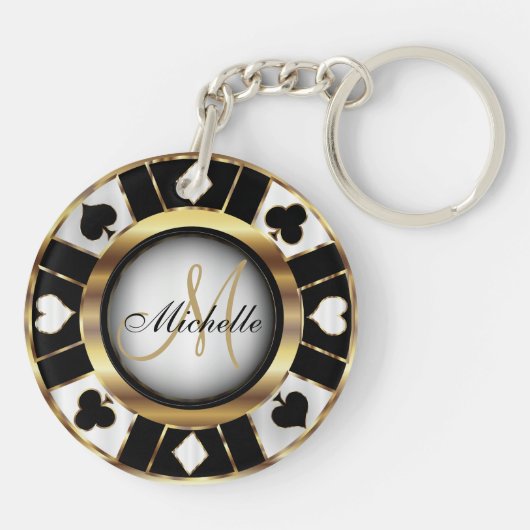 Gold en Black Poker Chip Design - Monogram Sleutelhanger (Achterkant)