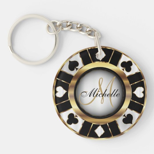 Gold en Black Poker Chip Design - Monogram Sleutelhanger (Voorkant)