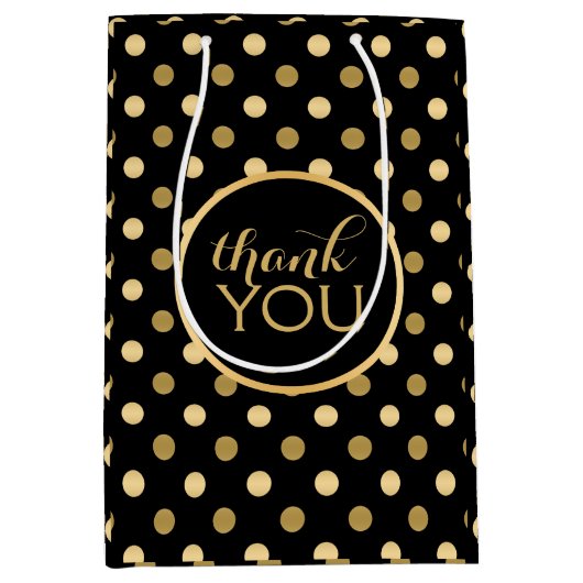 Gold en Black Polka Dots Pattern Dank je tekst Medium Cadeauzakje (Voorkant)