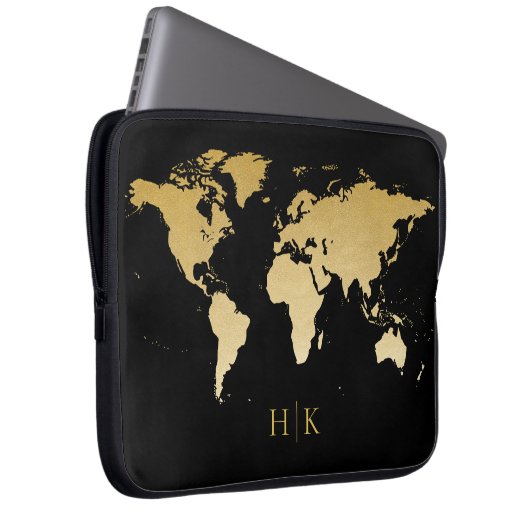 Gold en Black Professional-Wereldkaart Laptop Sleeve (Voorkant Rechts)