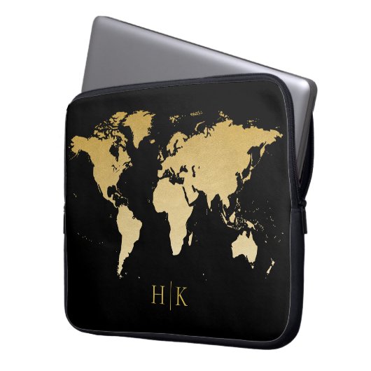 Gold en Black Professional-Wereldkaart Laptop Sleeve (Voorkant Links)