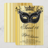 Gold en Black Sweet 16 Masquerade Uitnodiging (Voorkant / Achterkant)