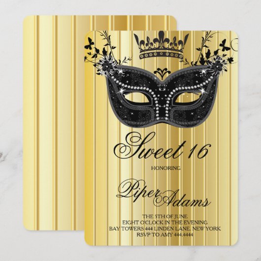 Gold en Black Sweet 16 Masquerade Uitnodiging (Voorkant / Achterkant)