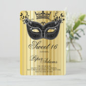 Gold en Black Sweet 16 Masquerade Uitnodiging (Staand voorkant)