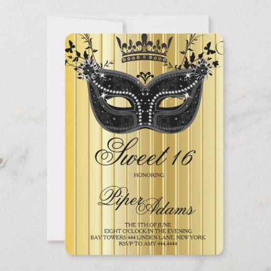 Gold en Black Sweet 16 Masquerade Uitnodiging (Voorkant)