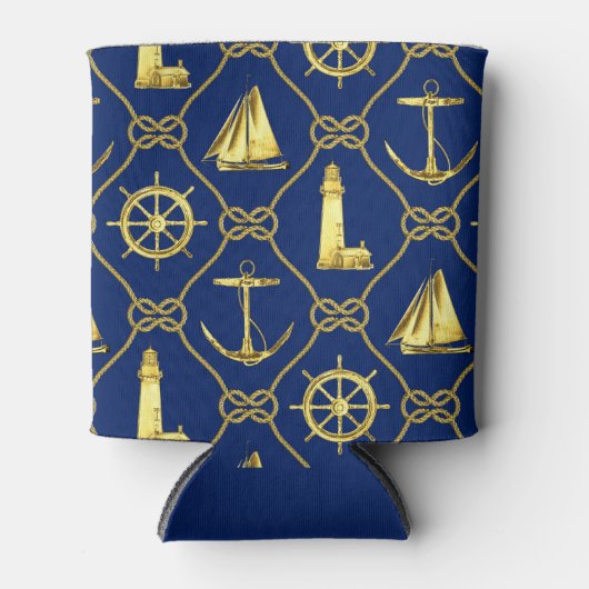 Gold- en blauw Nautisch ontwerp Blikjeskoeler (Voorkant)