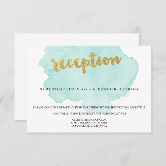 Gold en Blauwgroen Blush Waterverf Weddenschappen Informatiekaartje (Voorkant / Achterkant)