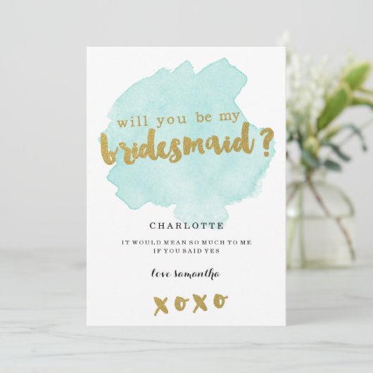 Gold en Blauwgroen Blush Wil jij mijn bruidsmeisje Kaart (Staand voorkant)