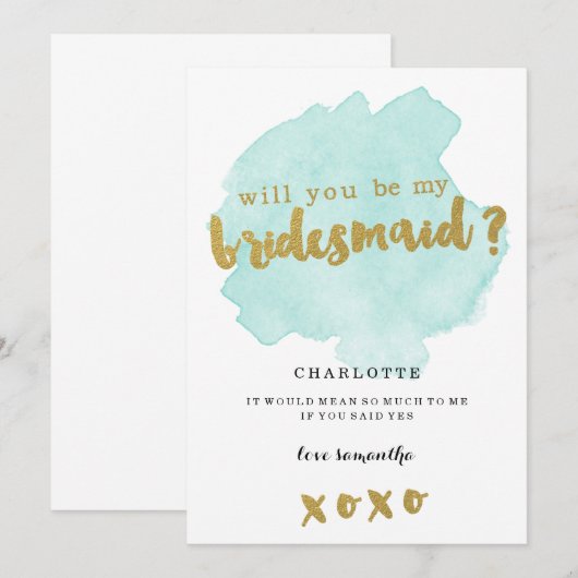 Gold en Blauwgroen Blush Wil jij mijn bruidsmeisje Kaart (Voorkant / Achterkant)