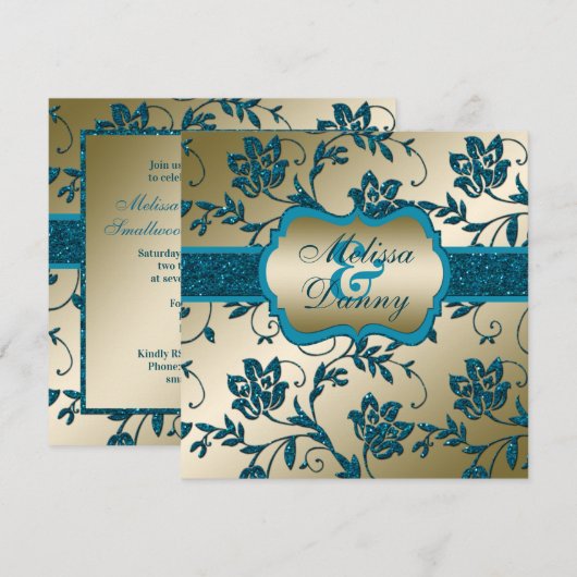 Gold en Blauwgroen FAUX Glitter Floral Engagement  Kaart (Voorkant / Achterkant)