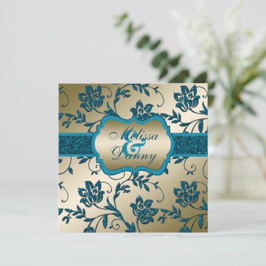 Gold en Blauwgroen FAUX Glitter Floral Engagement  Kaart (Staand voorkant)