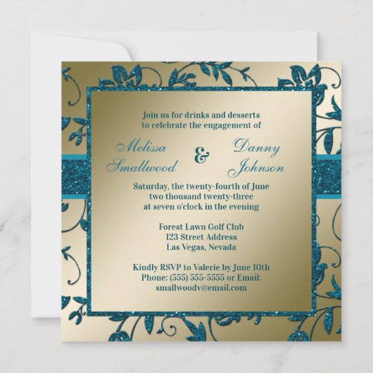 Gold en Blauwgroen FAUX Glitter Floral Engagement  Kaart (Achterkant)