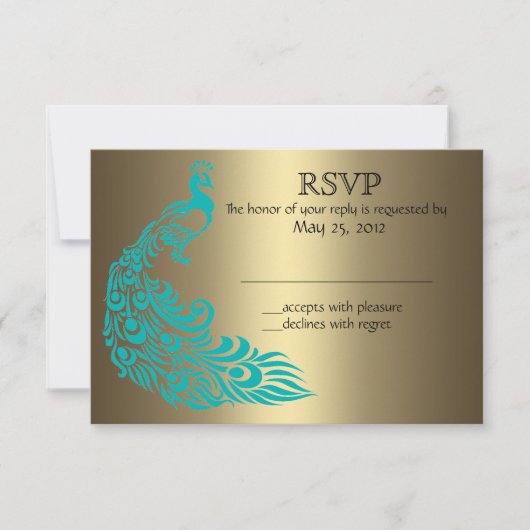 Gold en Blauwgroen Pacock RSVP-uitnodigingen RSVP Kaartje (Voorkant)
