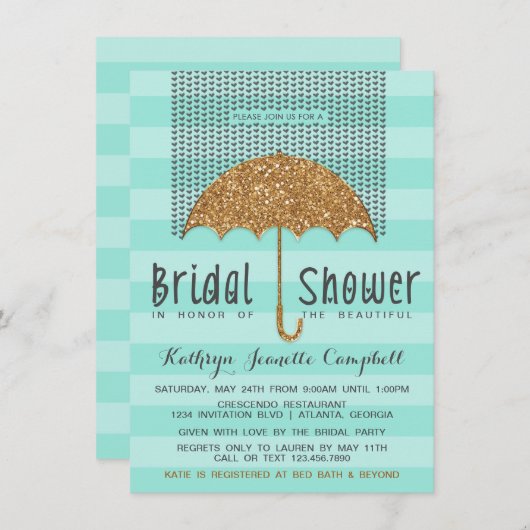 Gold en Blauwgroen Umbrella & Hearts Vrijgezellenf Kaart (Voorkant / Achterkant)