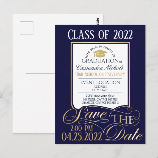 Gold en Blue Afstuderen Invitation Briefkaart (Voorkant / Achterkant)