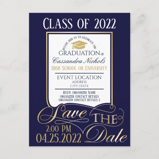 Gold en Blue Afstuderen Invitation Briefkaart (Voorkant)