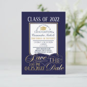 Gold en Blue Afstuderen Invitation Briefkaart (Staand voorkant)