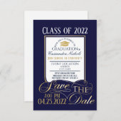 Gold en Blue Afstuderen Invitation Briefkaart (Voorkant / Achterkant)