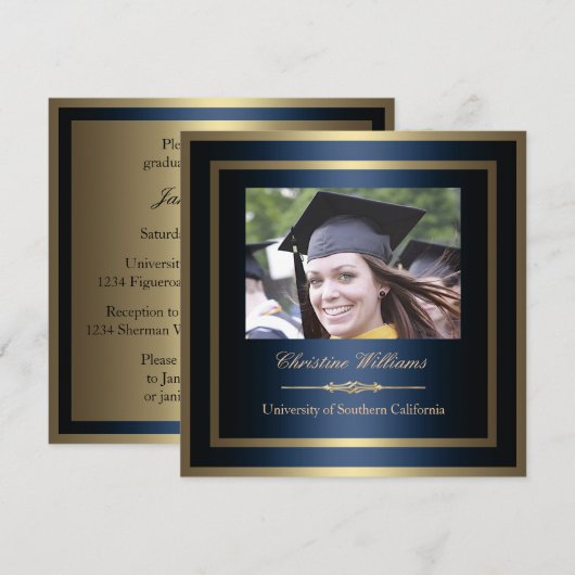 Gold en Blue Afstuderen Invitation Kaart (Voorkant / Achterkant)