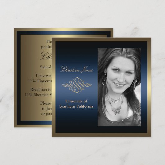 Gold en Blue Afstuderen Invitation Kaart (Voorkant / Achterkant)