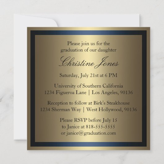 Gold en Blue Afstuderen Invitation Kaart (Achterkant)