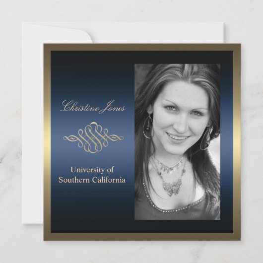 Gold en Blue Afstuderen Invitation Kaart (Voorkant)