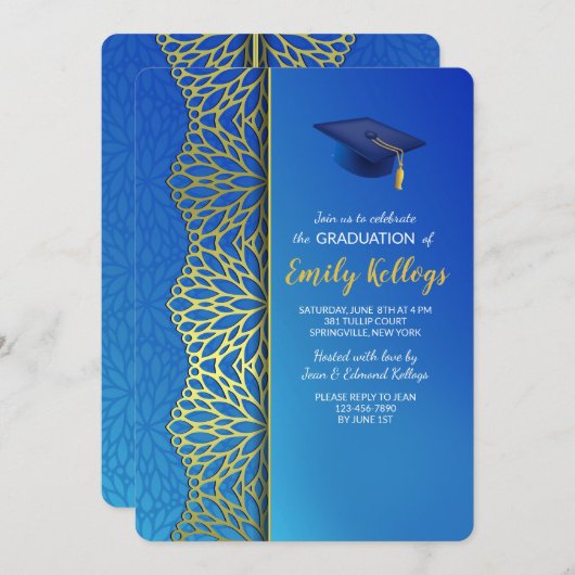 Gold en Blue Afstuderen Invitation Kaart (Voorkant / Achterkant)